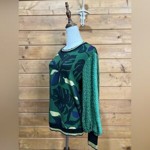 Anthropologie Bl^nk London Monstera Knit Top XS Petite Boho Embroidered Sleeves